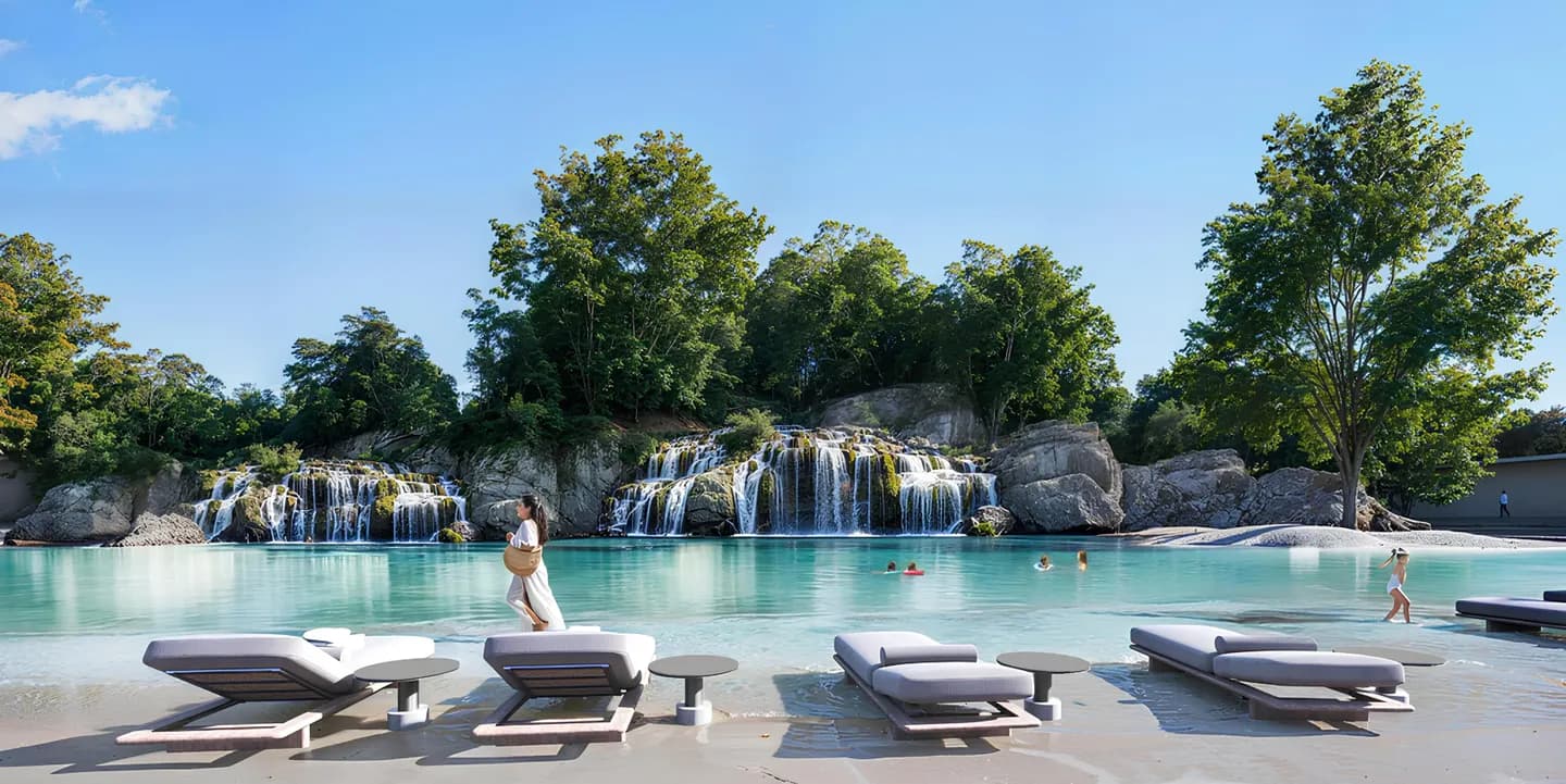 Swimmable forest lagoon with waterfall